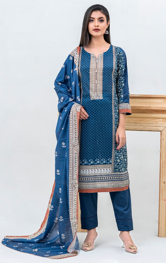 3 Piece - Azure Blossom Lawn with Fancy Duppata - A9912
